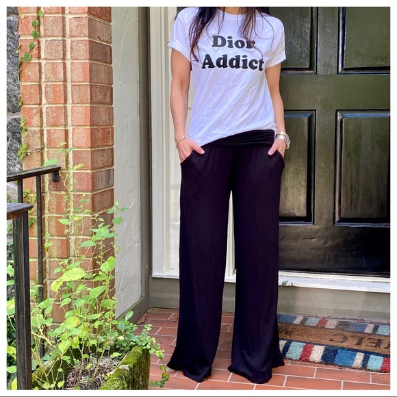 Black Wide leg Fold Waist Pants With Side pockets - Picture 2 of 8